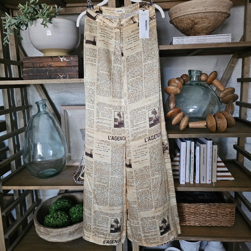 L’AGENCE black & cream newspaper print silk wide leg trousers 0 - Picture 2 of 6